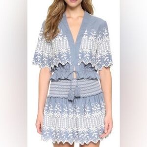 Loveshackfancy 2 pc set Georgia embroidered blouse and skirt blue white S